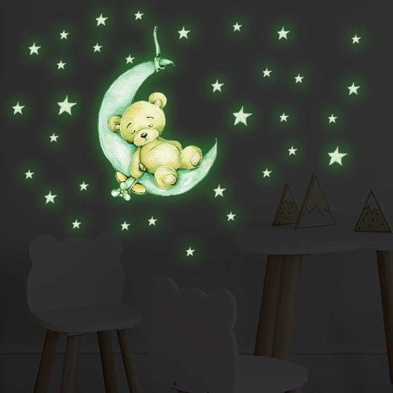 Tiny Cute Luminous Wall Stickers Teddy Bear on the Moon Stars Glow in the Dark Wall Decals for Kids Room Baby Nursery Home Decor - Image 3