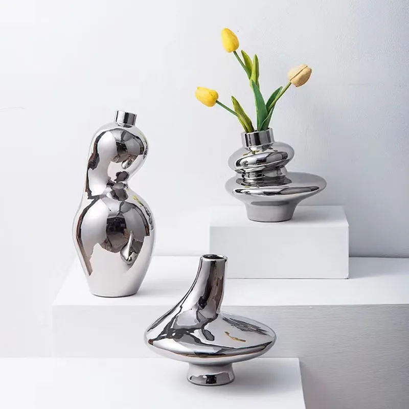 Nordic Plating Silver Vase Dried Flower Ornaments Electroplated Ceramic Vase Model Vases Living Room Home Decoration Gift