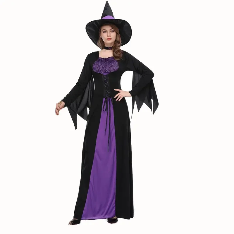 ผู้หญิง Wicked สีม่วงชุดแม่มดปาร์ตี้ฮาโลวีนคอสเพลย์ชุดผู้หญิงผู้ใหญ่น่ากลัวสีม่วง Carnival Performance เสื้อผ้า