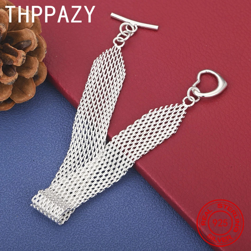 

THPPAZY 925 Sterling Silver Heart Mesh Bracelet For Men Women Fashion Party Wedding Birthday High-Quality Trendy Jewelry Gift