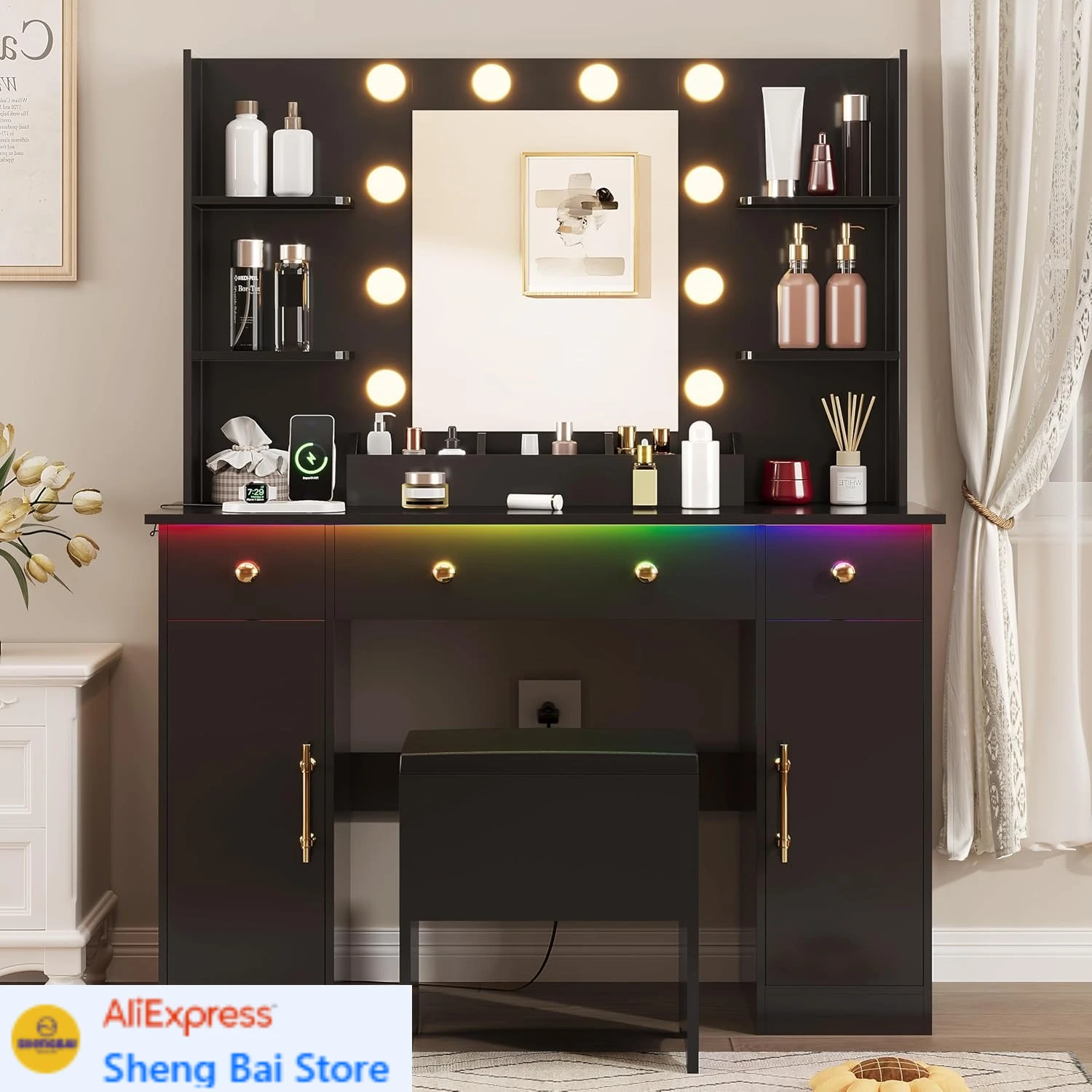 Black Makeup Vanity with Charging Station & Stool, 3 Drawers and Cabinets,
