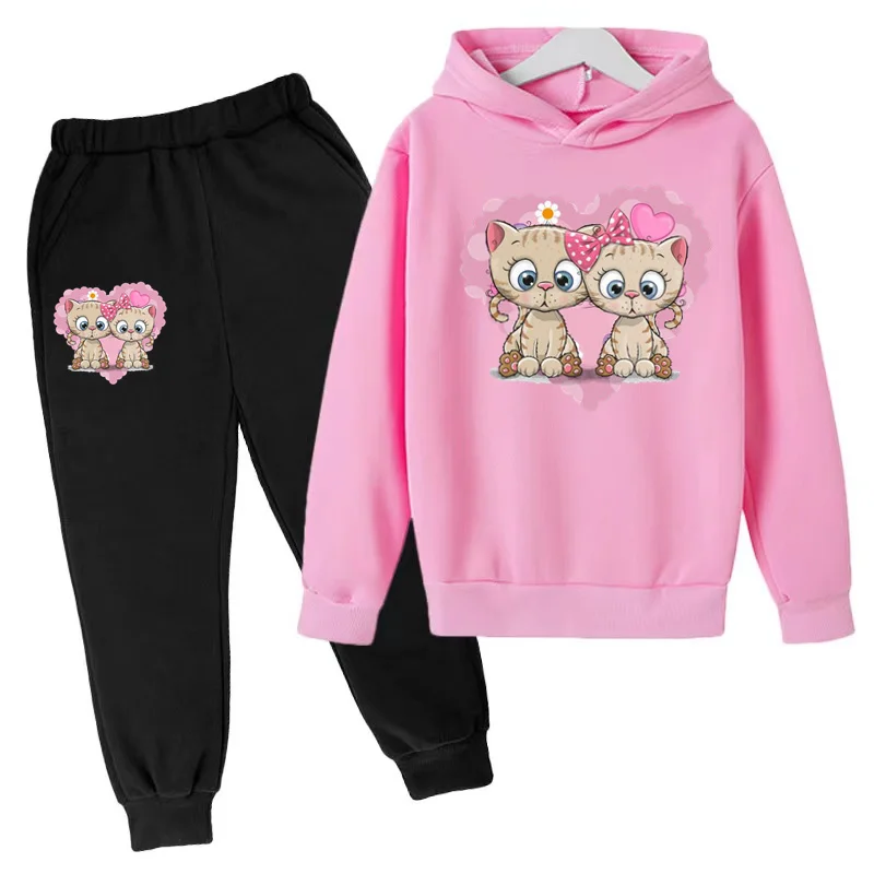 

Kids Cartoon Love Couple Cat Print Hoodie Sweatshirt 3-12Y Boys Girls Toddler Gift Top+Pants 2P Pretty Girls Clothes Casual Suit