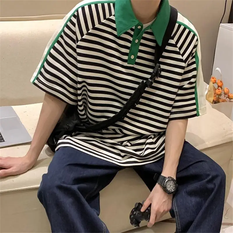 Striped Polo Shirt Oversized T-shirt Color Blocking T-shirt for Men Summer Men Clothing Half Sleeve Tops Camisas De Hombre