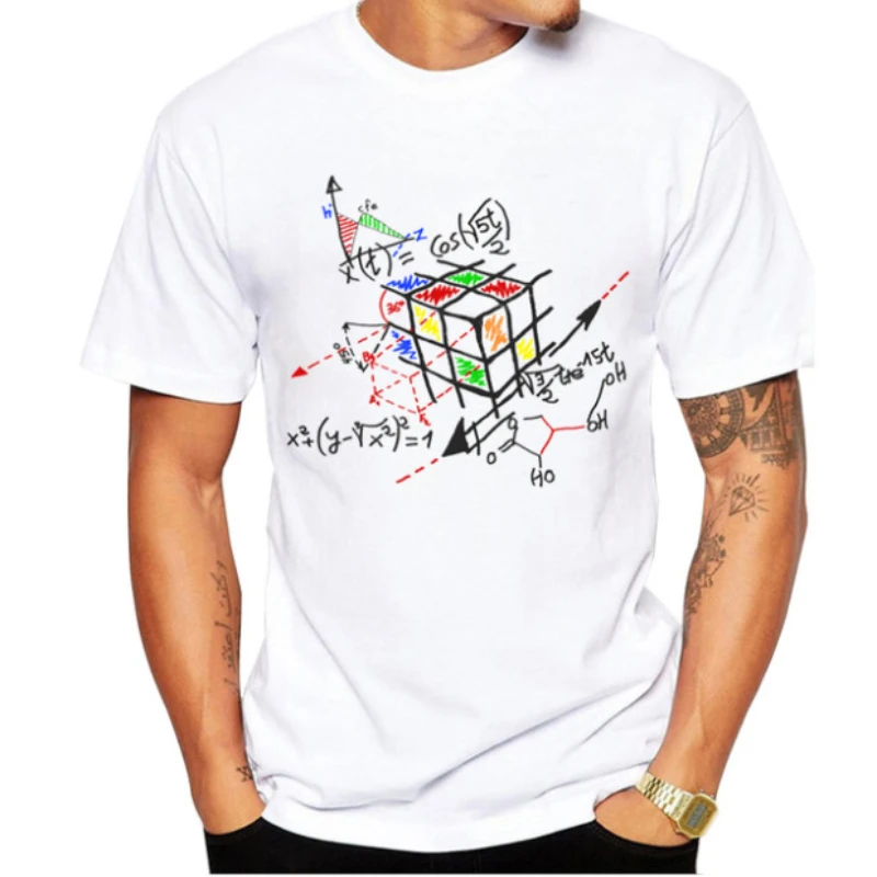 Fashion Mathematics Work Design Men's T-shirt Short Sleeved Trendy Round Neck Top Casual Breathable Bright White  Generous