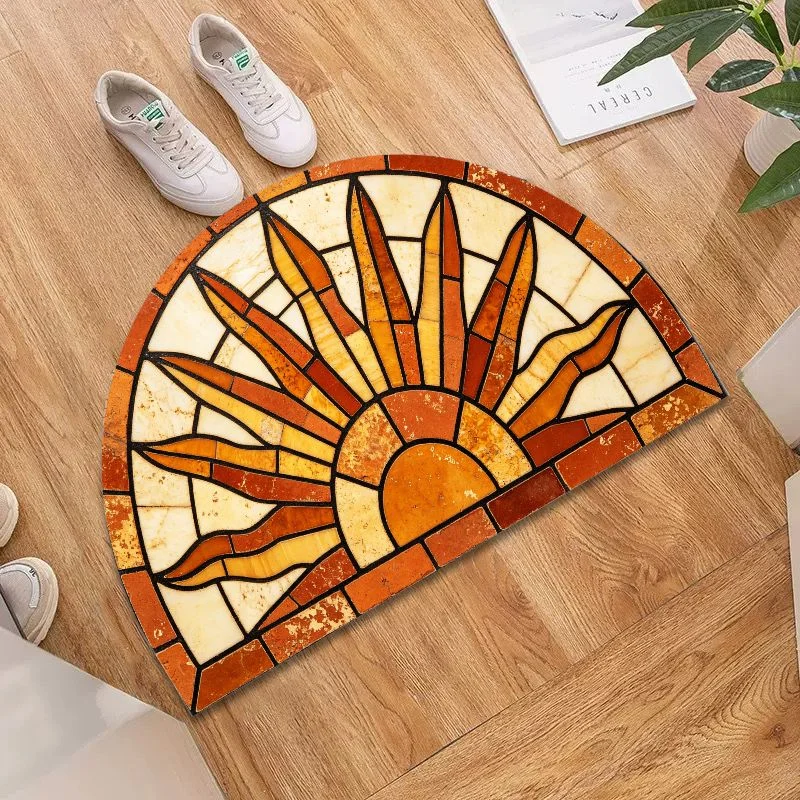 VIKAMA Vintage Stained Glass Mat – Retro Sunburst & Eagle Design, Semi-Circle Bathroom Rug