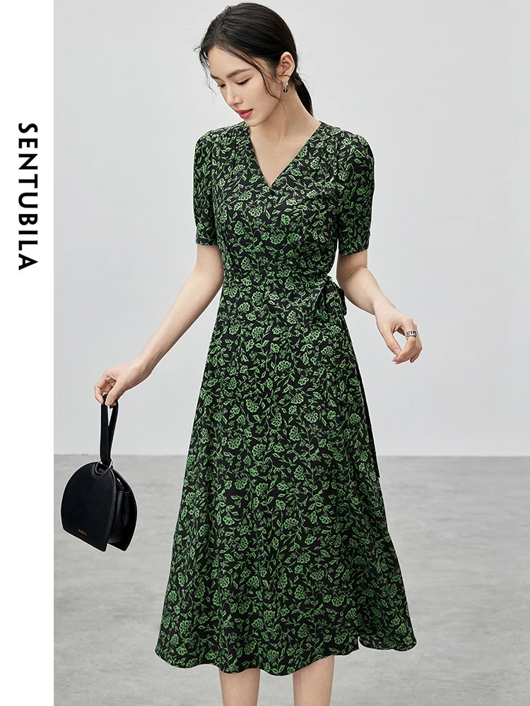 

SENTUBILA V-neck Floral Chiffon Midi Dress for Women 2024 Vintage Printed Short Sleeve Tie Belt Wrap Summer Dresses 142L55134