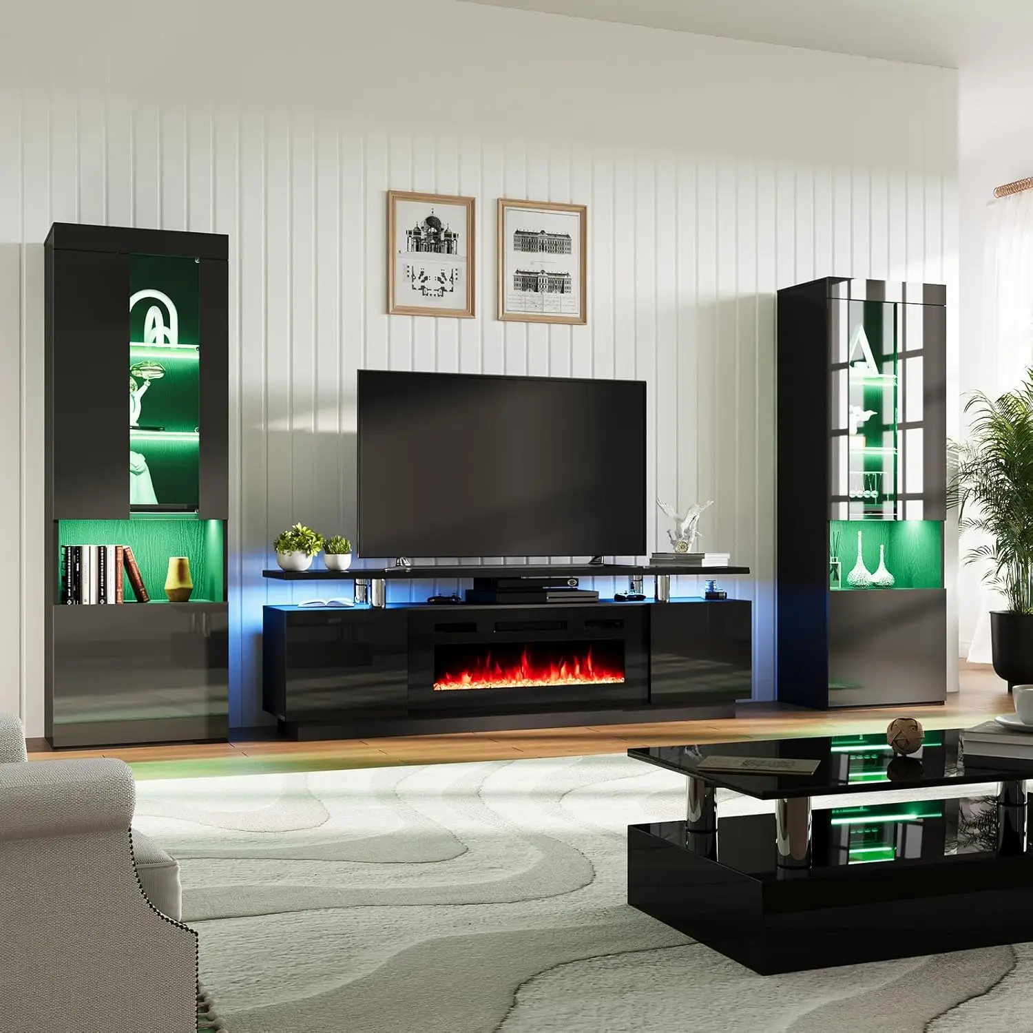 

Includes 70" 2-Tier Fireplace TV Stand with 36" Fireplace,2 x Modern High Gloss Bookshelves with LED Lights & Glass Doors, Black