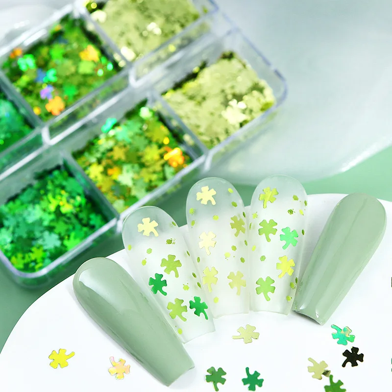 

6 Slots/box Clover Nails Glitter Decorations Green Leaf Press On Nail Charms Enhancement For Salon Manicure DIY Accessories