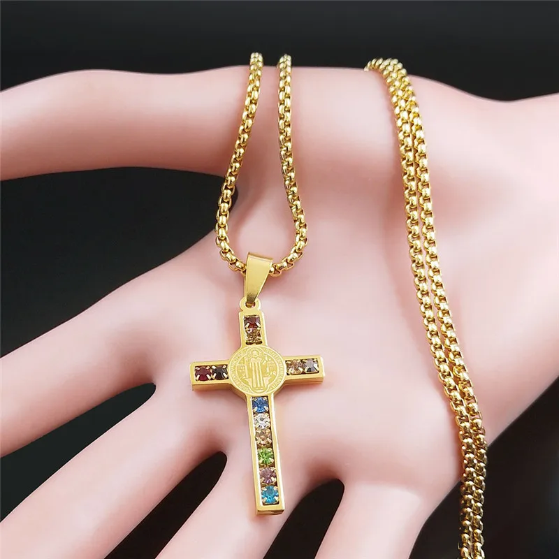 2024 New fashion stainless steel necklace Saint Benedict Crystal Saint Pendant Cross men's necklace accessories accessories image 4