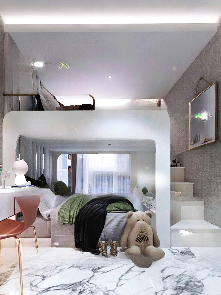 Tempat tidur tingkat setengah tinggi terintegrasi, tempat tidur susun dengan kabinet tangga, tempat tidur lantai tersedia untuk dewasa