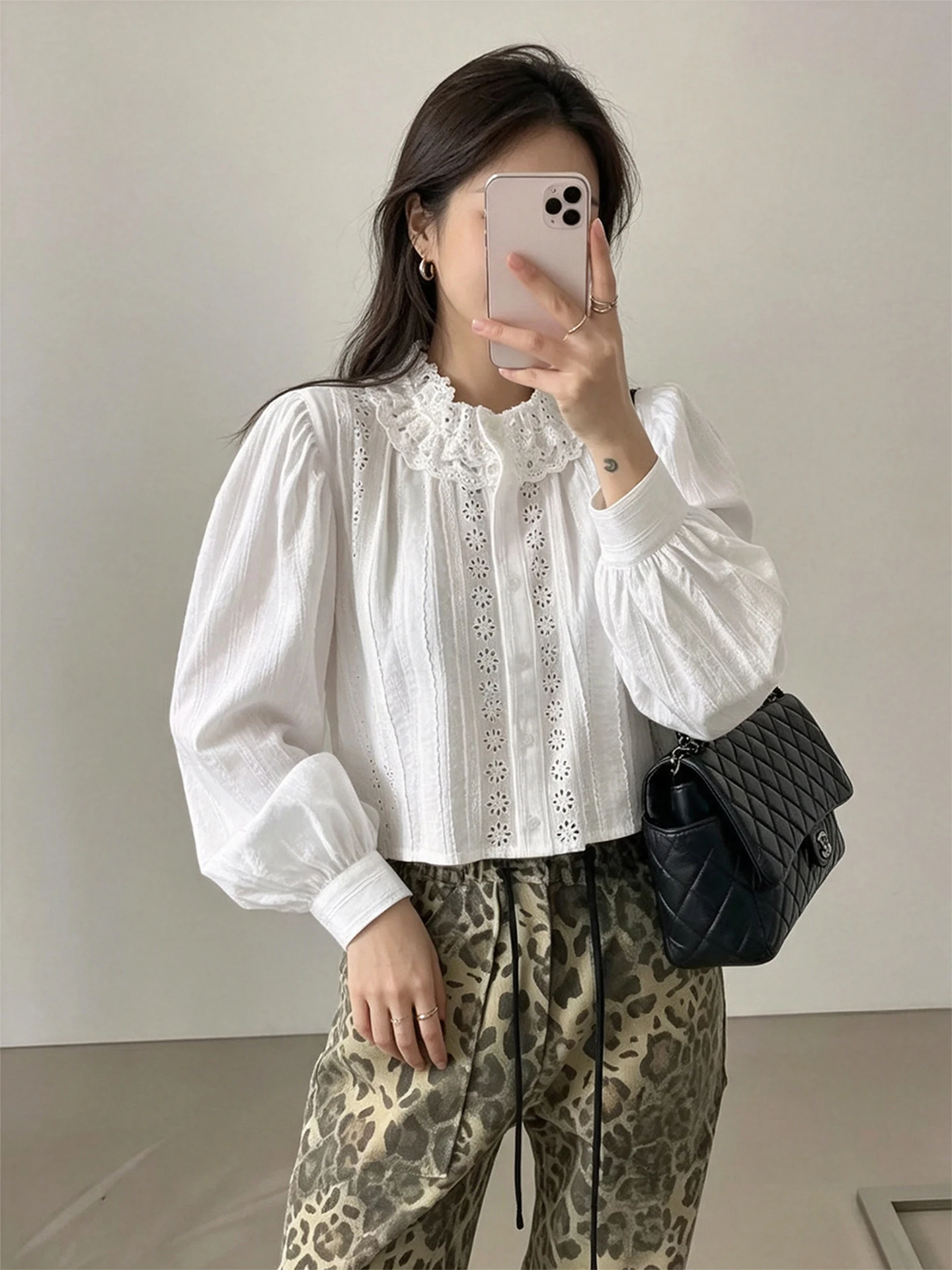 Elegant Korean Style Embroidered Loose Fit Shirt for Women with Lace Trim And Bubble Sleeves Age Defying Autumn Top