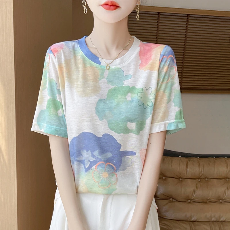 

Летняя новая атласная футболка с коротким рукавом и уксусной кислотой, свободная Универсальная футболка с круглым вырезом, однотонный топ, облегающий топ с коротким рукавом