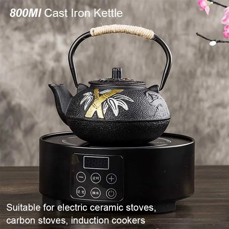 800ML Plum and Bamboo Painted Brewing Teapot Cast Iron Water Bottle