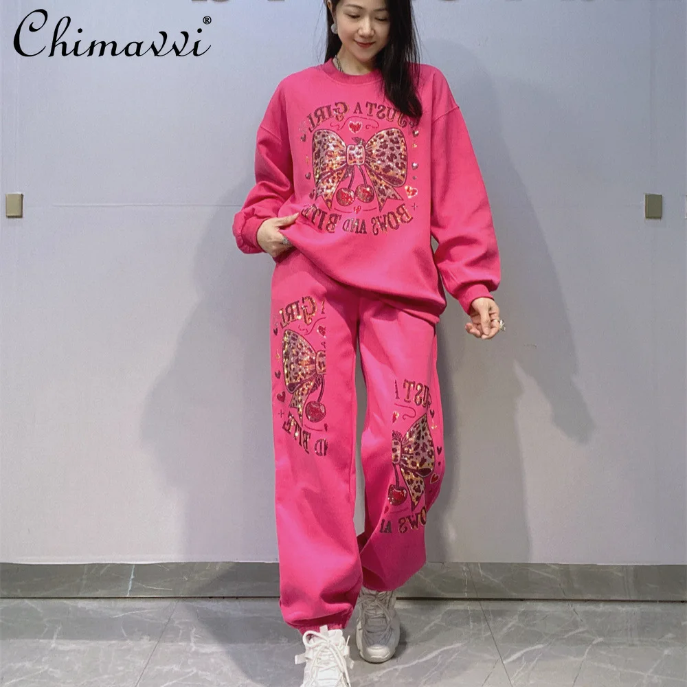 

Тяжелый модный пуловер со стразами и круглым вырезом, свитшот с длинными рукавами, женские весенние новые брюки для бега, спортивная одежда, комплект из двух предметов