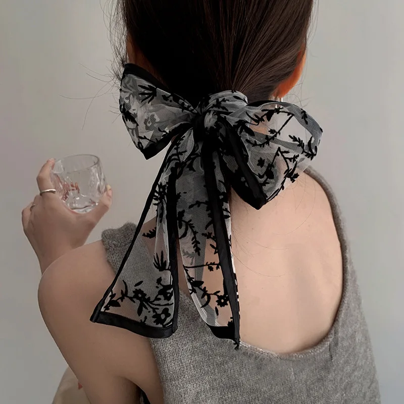 Lystrfac francuska moda koronkowa Retro chusta na głowę kobiety czarnej haftowanej opaska do włosów długa wstążka Hairband Vintage akcesoria do włosów