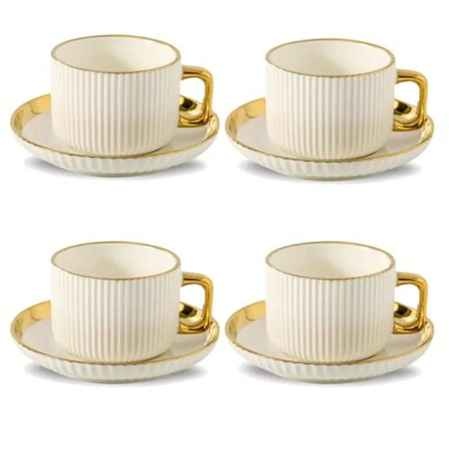 

Cappuccino Cups with Saucers, Ceramic Coffee Cups with Saucers Set, Latte Art Coffee Mugs with Gold Trim, Tea Cups Set of 4, Br