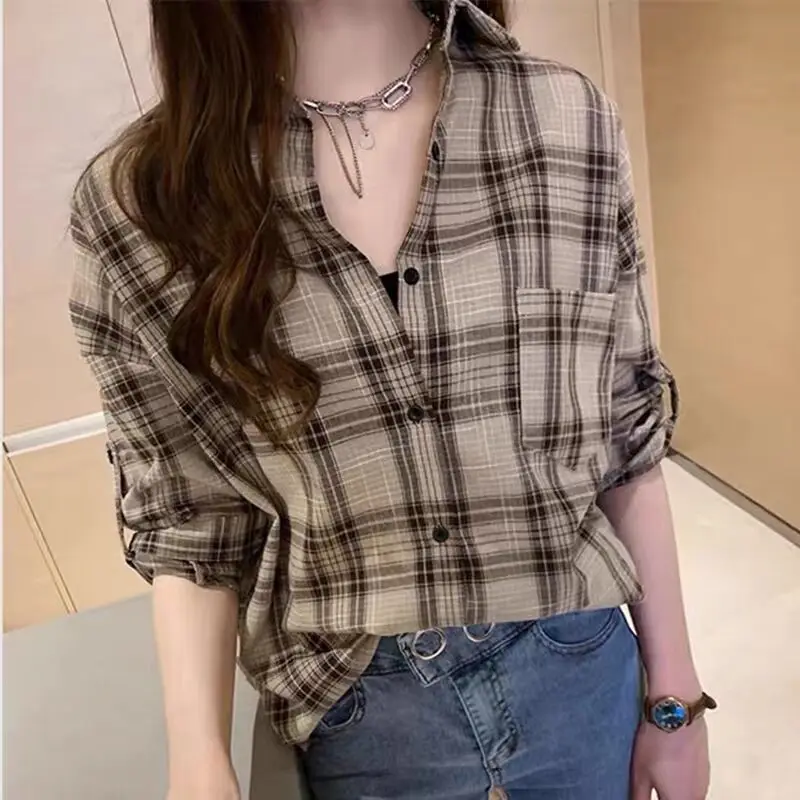 Plus Size Women's Pocked Drawstring Plaid Collar Shirt Long Sleeve Collared Button-Up Flannel Shirt for Women Plaid Shirt Jacket