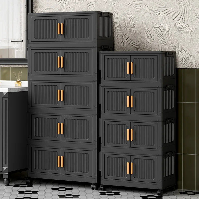 Foldable Storage Cabinet, Multifunctional Home Storage Cabinet, Plastic Storage Box with Doors and Wheels, Stackable Large-Capacity Home Organizer, for Bedroom, Living Room, Kitchen, with Easy-To-Assemble and Space-Saving Design.