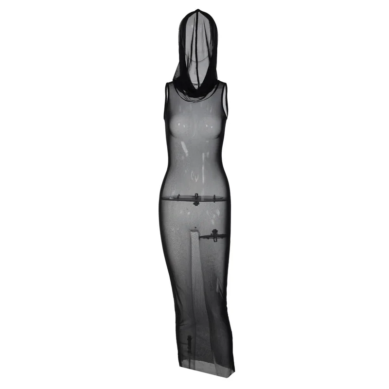 Frühling frauen Neue Ärmellose Kapuze Lange Kleid Sexy Mesh Perspektive Kleid