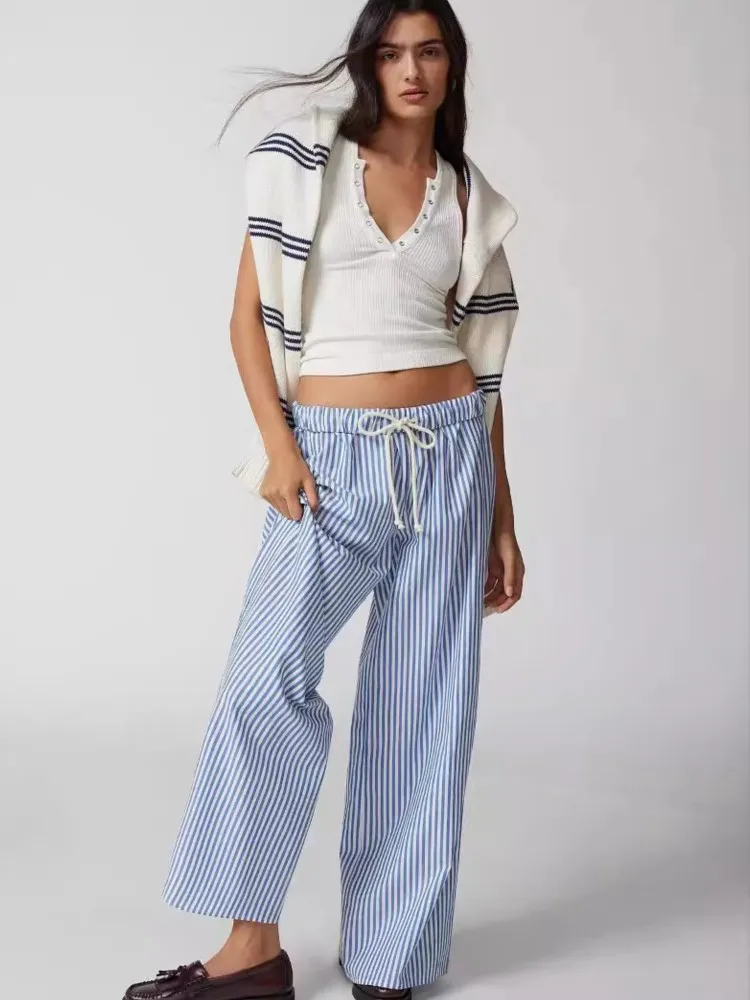 Casual Vacation Style Blue Stripe Wide Leg Pant Elastic Waist Drawstring Fashion Loose Long Trouser 2024 New Summer Spring