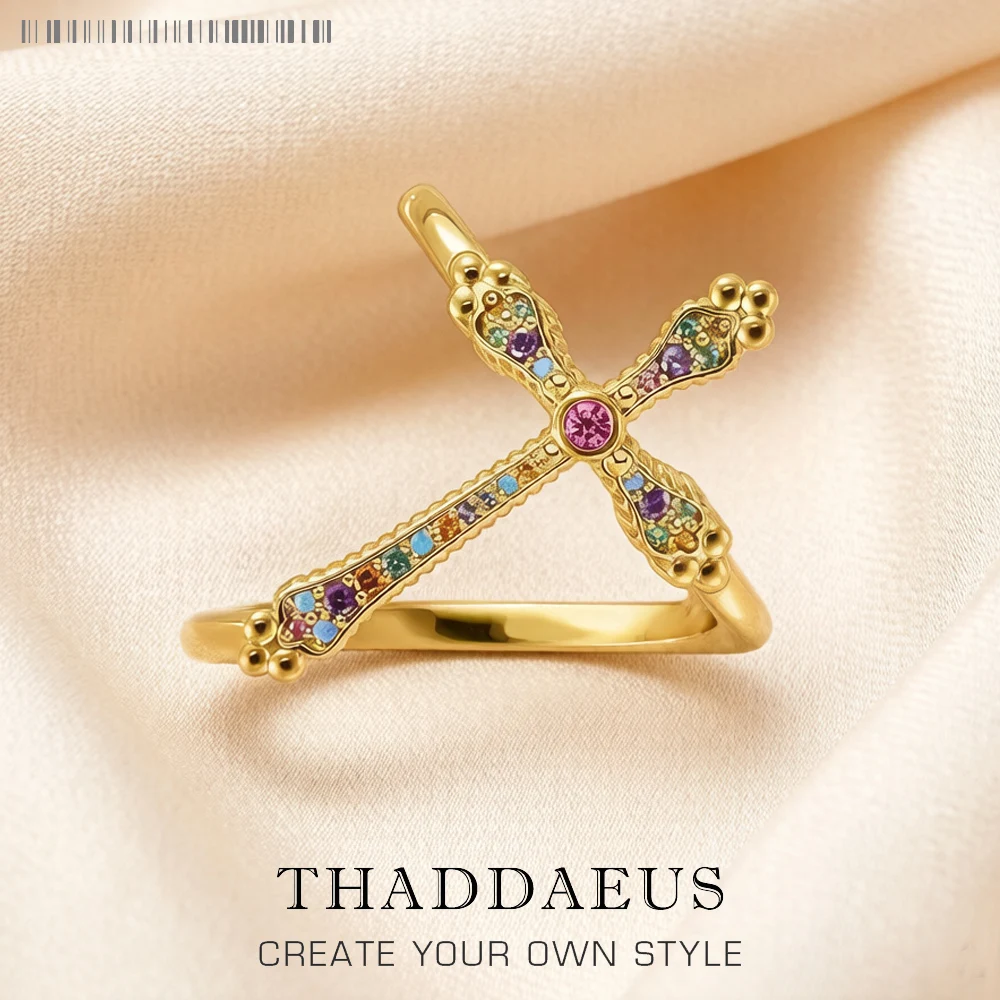 Anillo Colourful Royalty Cross dorado para mujer, joyería fina de Plata de Ley 925, regalo Vintage victoriano, nuevo