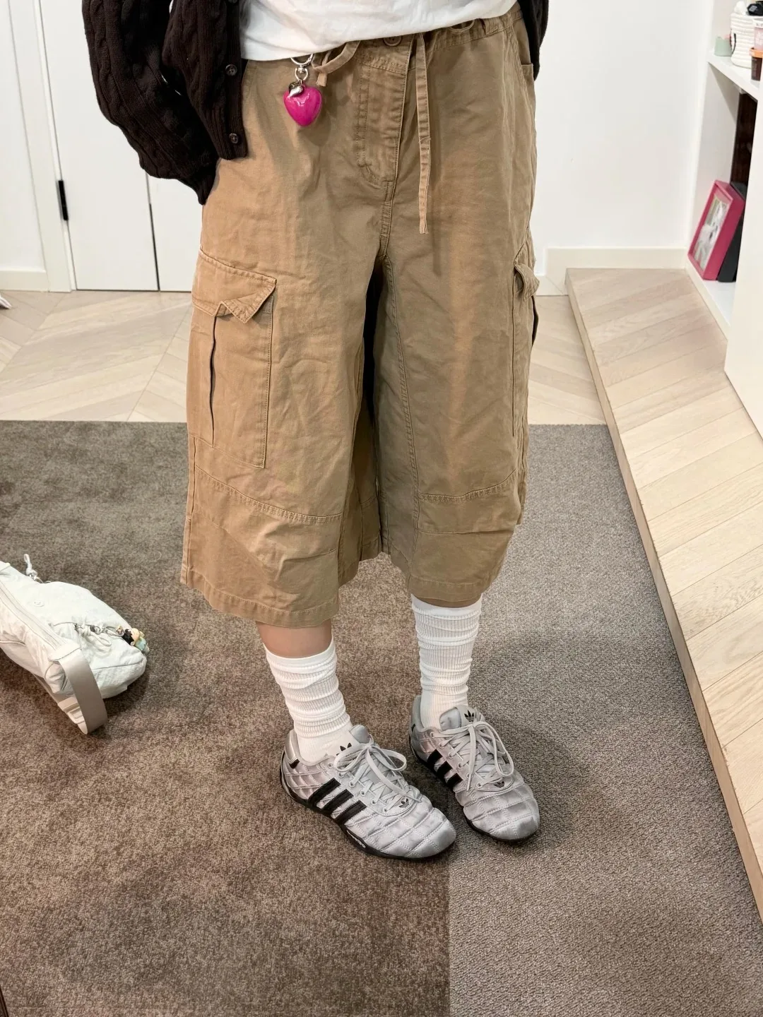 Khaki Pockets Capri Pants Women Summer Streetwear Cotton Drawstring Straight Leg Trousers Vintage Chic Preppy Style Cargo Pants