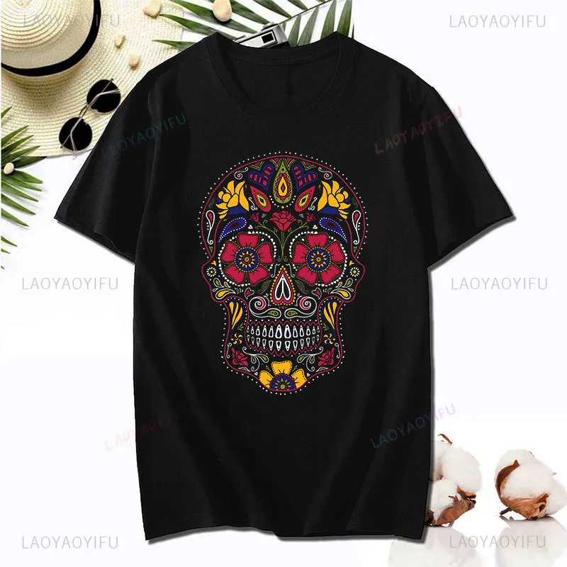 Day of The Dead Sugar Skull Anime Clothes Halloween Unique Printed Men T-Shirt Hipster Hip-hop Streetwear Unisex Cotton T Shirts