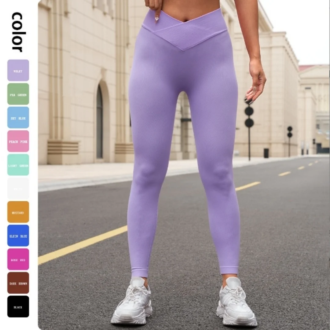 

Бесшовные трикотажные однотонные брюки для йоги с высокой талией персикового цвета, дышащие брюки для йоги для фитнеса с девятью штанинами