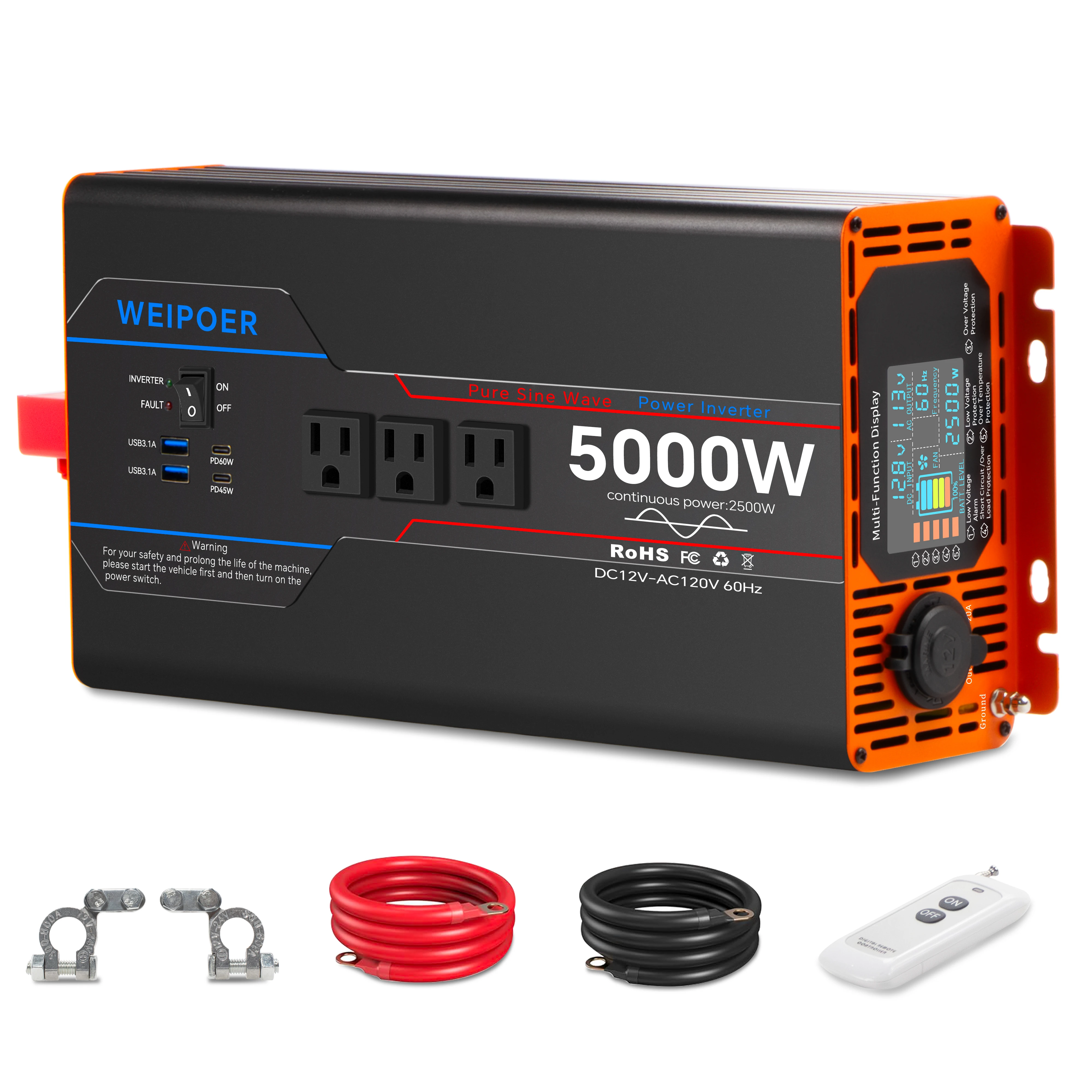 

WEIPOER 5000W Car Pure Sine Wave Inverter DC 12V/24V to AC 120V for Car RV – Power Converter with USB, AC Outlets, LCD, Remote