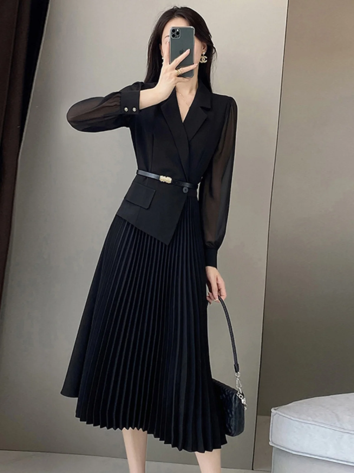 Ele Bla Women's Dr Slimming A-Line High Waist Polyester Fiber Long Sve  Collar Ci Commute Suitable