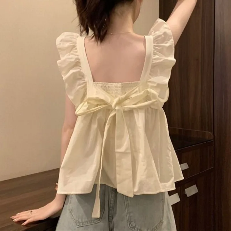 Blouses Women Flying Sleeve Backless Bow Pleated Square Collar Design Camis College Lovely Summer Solid New Temperament Elegant