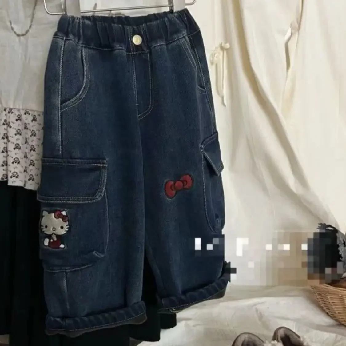 Sanrio Hello Kitty Velvet Denim Overalls Anime Cute Winter Girly Heart Children Embroidery Versatile Fashionable Wide Leg Pants