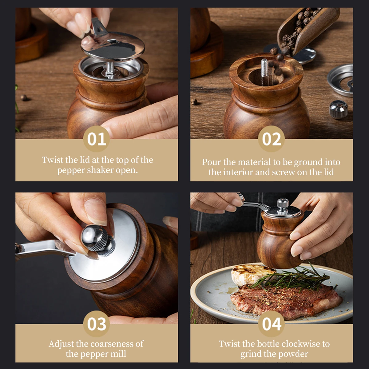 1PC/2PCS/3PCS/Solid wood hand cranked pepper grinder, labor-saving seasoning bottle, wooden ground pepper powder