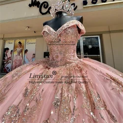 Pink Princess Quinceanera Dresses Off the Shoulder Ball Gown Glitter Gold Appliques Lace Sequins Sweet 16 Vestidos De XV 15 Años