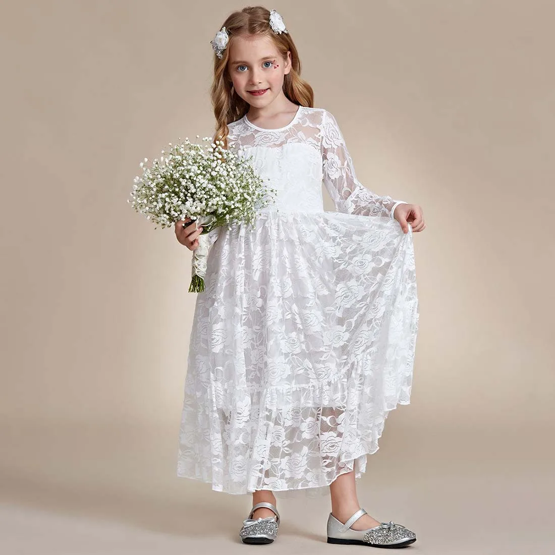 YZYmanualroom Elegant Lace Long-Sleeve Flower Girl Dress with Round Neckline 2-15T