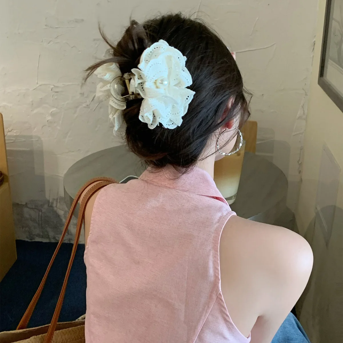 Hair Claw Clip White Lace Bow Flower Premium Comfortable Grip Fabric Multi Layer for Women Daily Travel Office Party