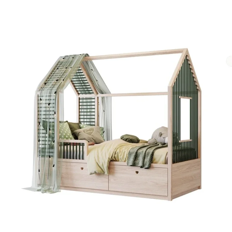 Treehouse Kids Bed Castle Princess Girls Bedroom with Drawer Boy Solid Wood with Guardrail Single Bed