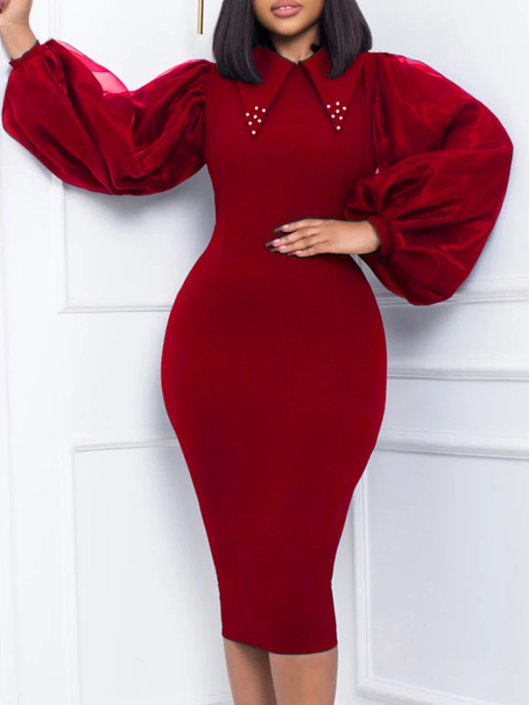 Women Long Lantern Sleeves Dress Turn Down Collar Autumn Fashion Bodycon Sheath Female Robes Elegant Office Ladies Date Out New