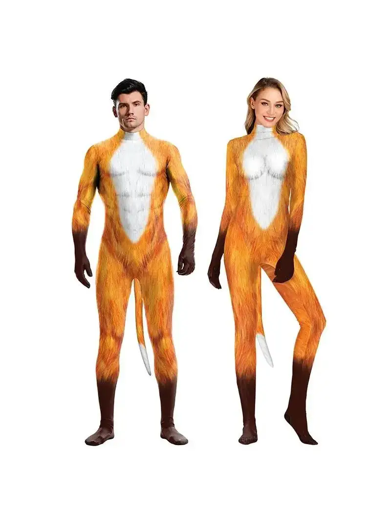 Costume d'Halloween à Couverture Complète avec Imprimé Animal de Renard pour Adulte, Tenue de ixde Carnaval, une Pièce avec Fermeture Éclair Arrière, Barrage, Cosplay