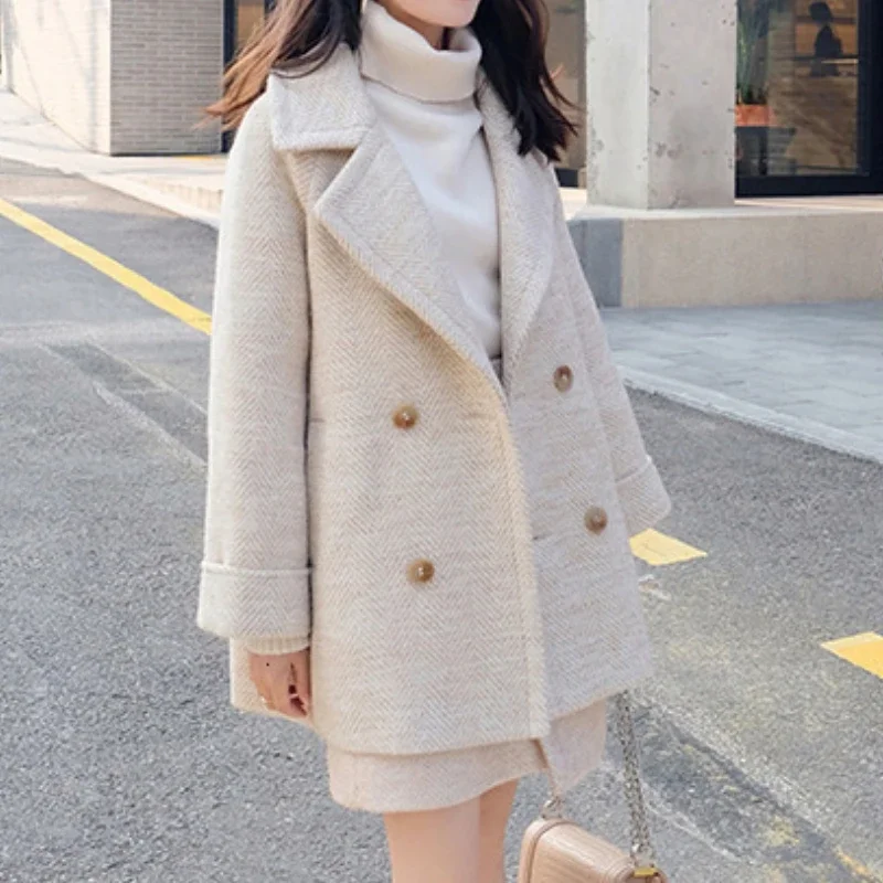 

Winter Faux Wool Jackets Korean Stylish Mature Coat Women Autumn Basic Fashion Thick Cape Cloak Coats Female Elegant Outerwear