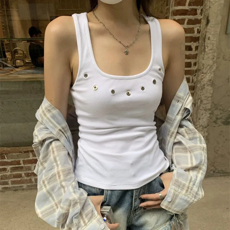 Lucyever American Vintage Streetwear Y2K Vest Women Summer Slim Sleeveless Black White Camis Female Casual Beach Short Tanks Top