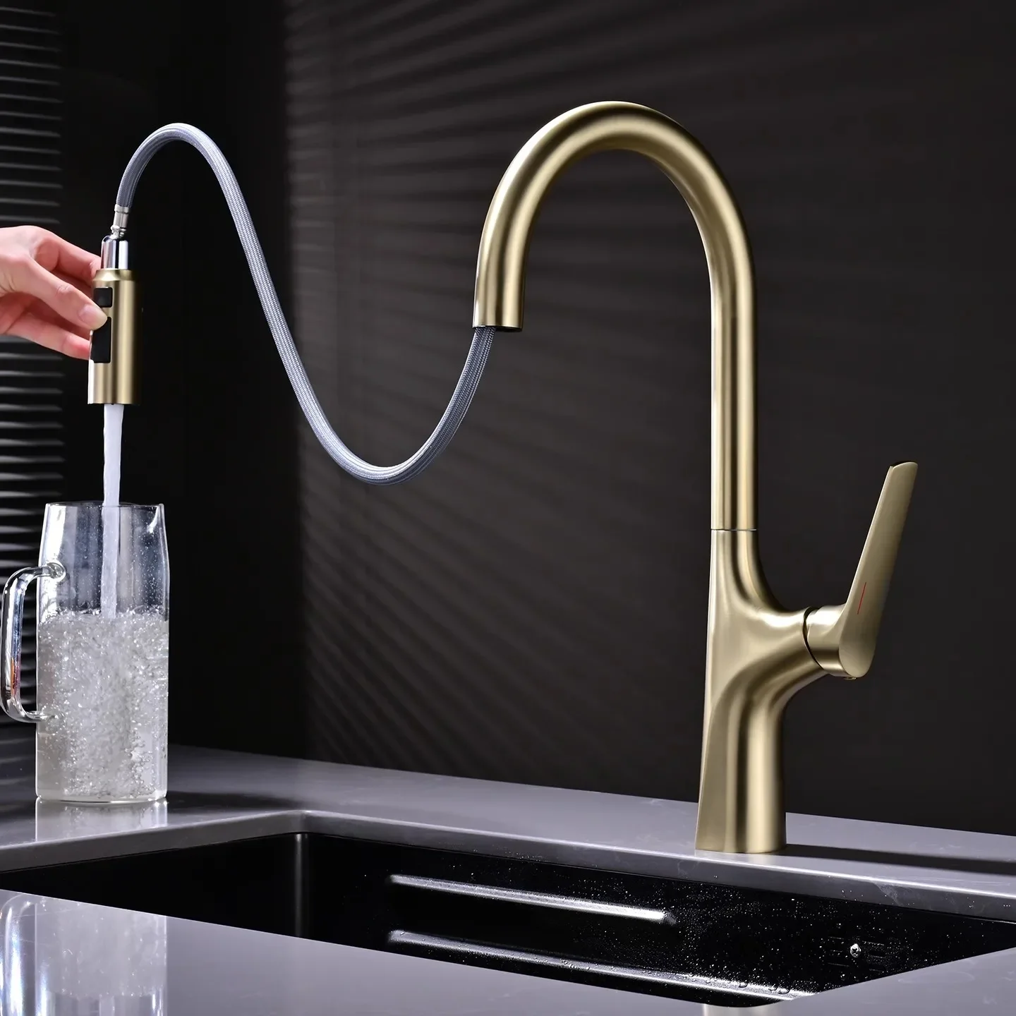 

All copper gun gray kitchen pull-out faucet modern style hot and cold vegetable basin retractable household faucet G3/8G1/2