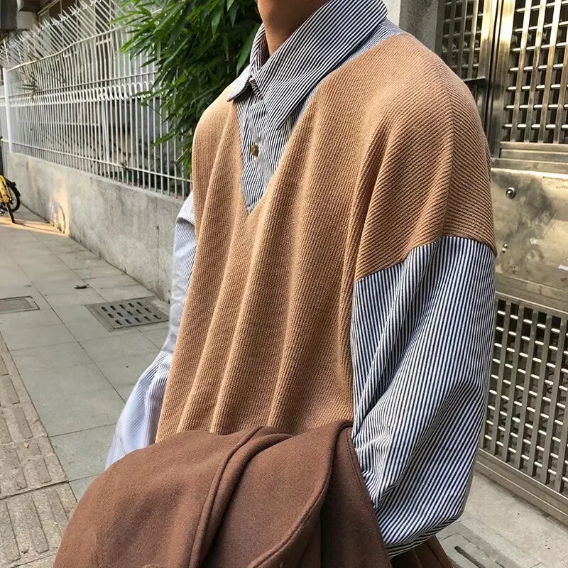 Spring and Autumn Korean Version Trendy Fake Two-piece Long-sleeved Shirt Collar Sweater Men's College Style Student T-shirt