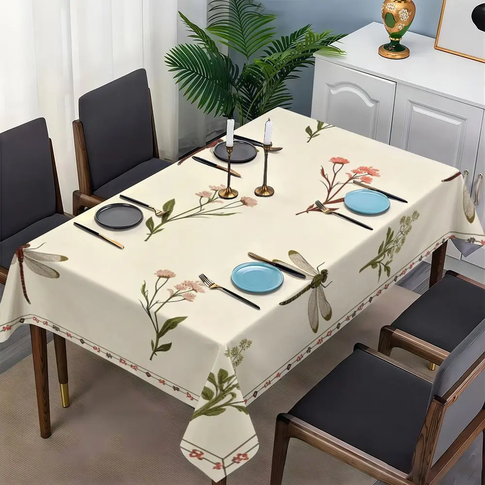 1pc Linen, Texture, Tablecloth Floral Pattern with Delicate Flowers And Leaves in Soft Colors on a Cream Background Featuring Elegant Dragonfly Motifs And Subtle Border Design