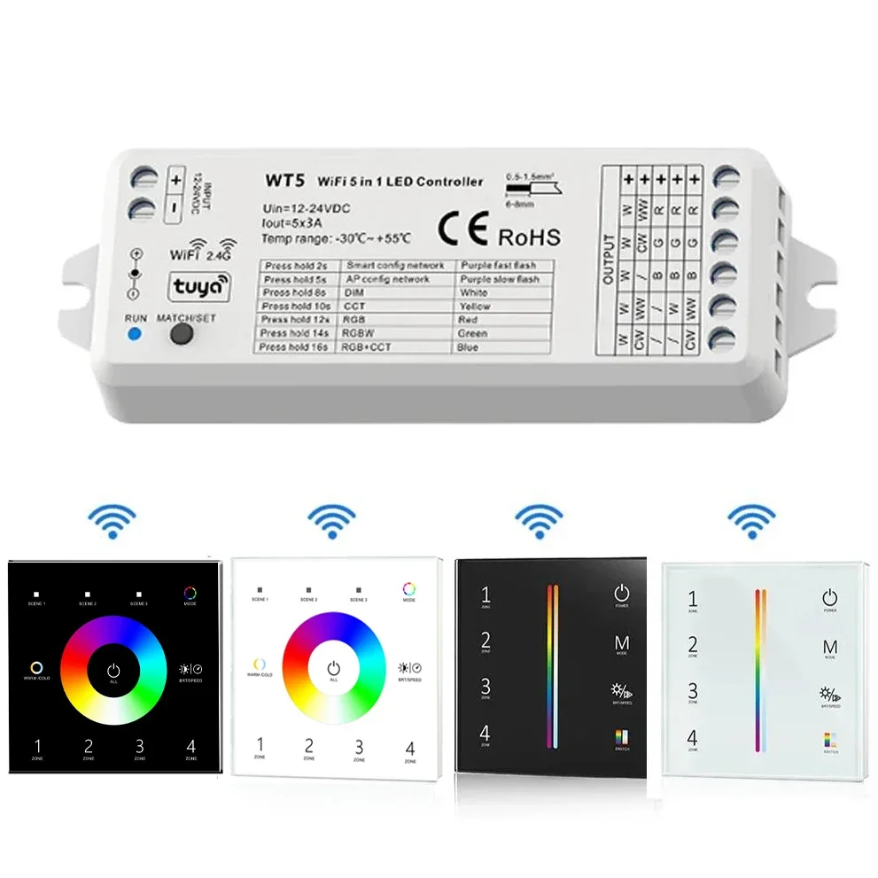 WT5 Tuya wifi 5 in 1Smart RGBCCT Led Controller RGB CCT RGBW RGBWW LED Strip Light Touch Panel 2.4G RF Wifi Controller