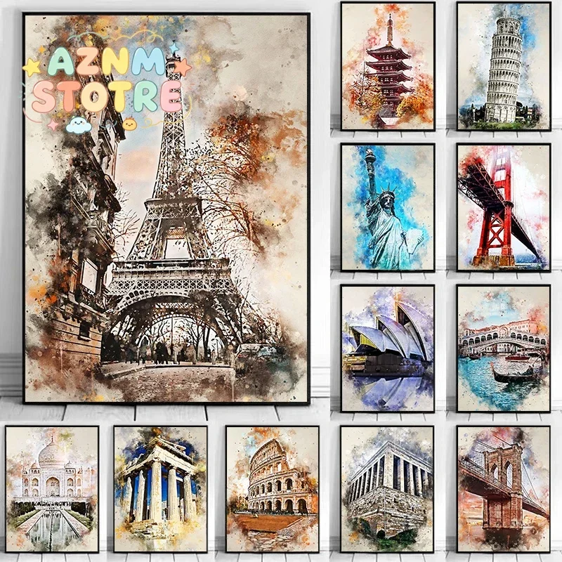 Vintage Watercolor City Paris Rome Venice Scenery Poster Art Print Canvas Paintings World Travel Picture for Home Decor Cuadr