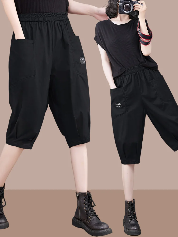 Summer New Women's Casual Ice Silk Thin Harlan Pants Loose Shorts Large Size Seven-Foot Cotton Low Waist Commute Style