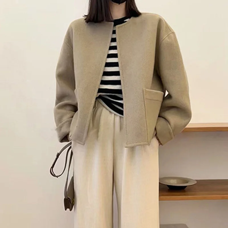 HTBT23 Autumn/Winter New Cardigan Double sided Wool Coat Simple Solid Short Wool Coat