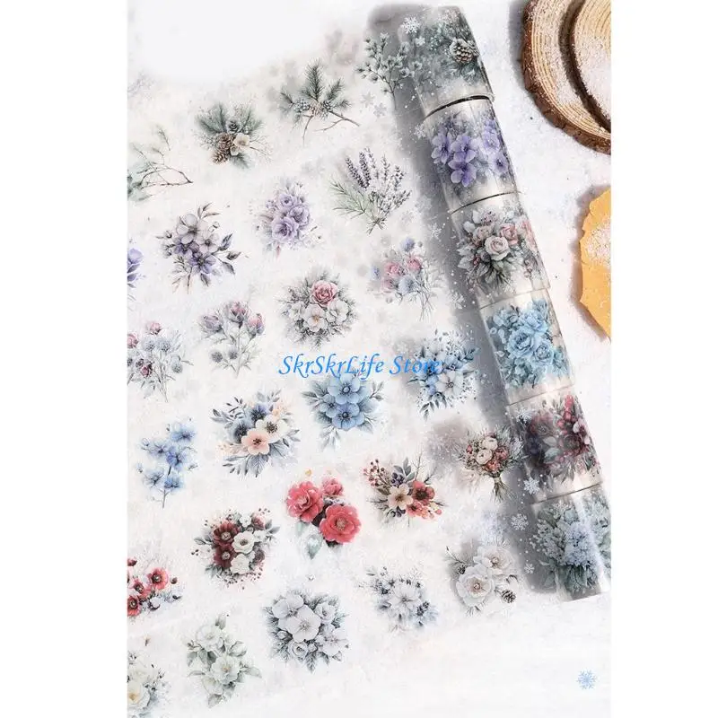 E65E Winter Flower Sticker Waterproof Adhesive PET Sticker for Scrapbooking Journal Notebook Phone Covers Laptop Decoration