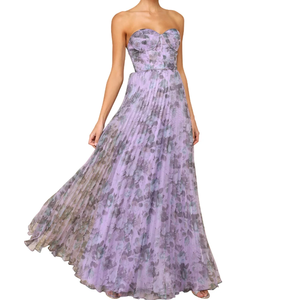 Floral Print Chiffon Long Dress Strapless Pleated Maxi Dress